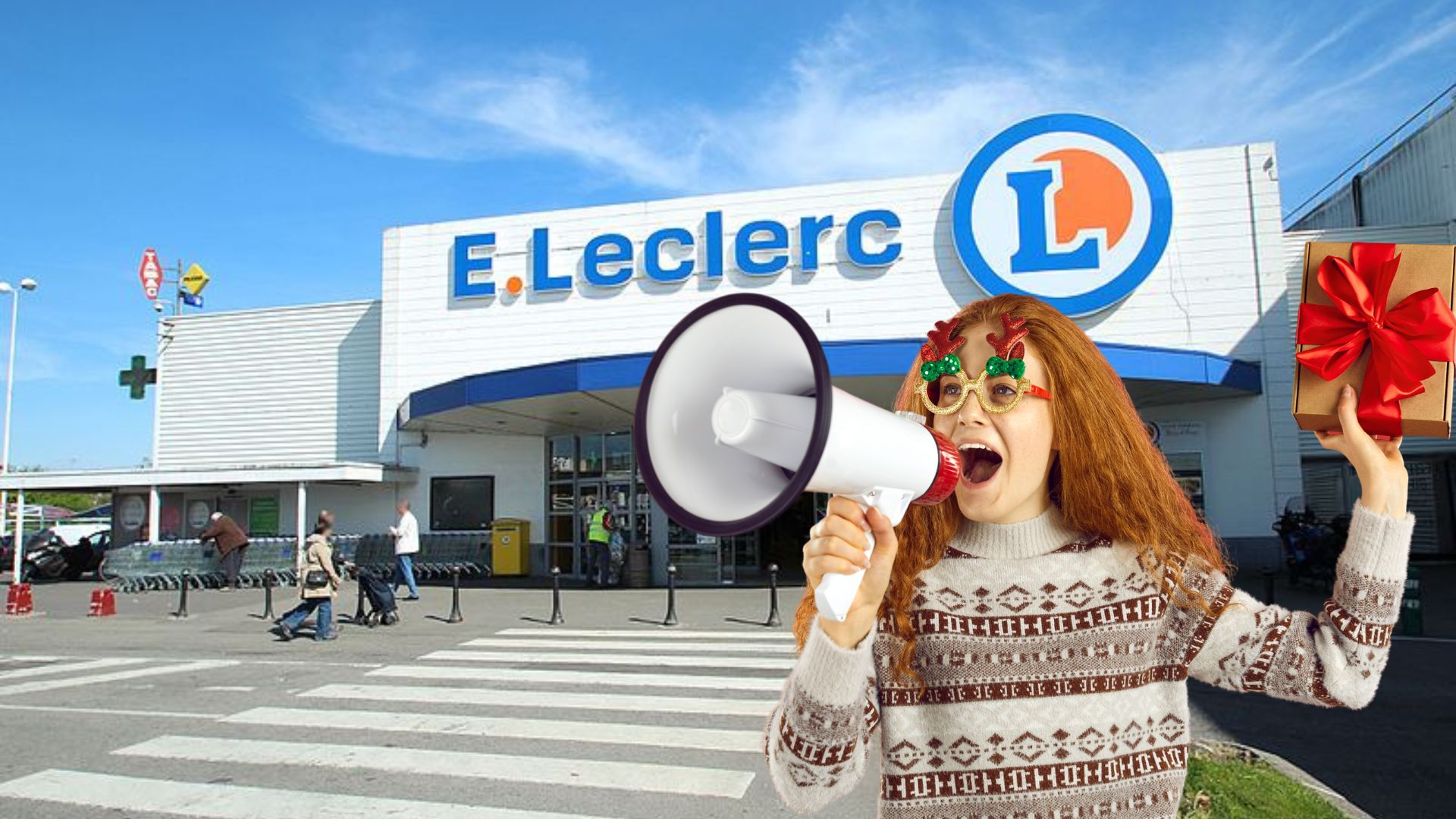 Magasin E.Leclerc, cliente festive avec cadeau et mégaphone.