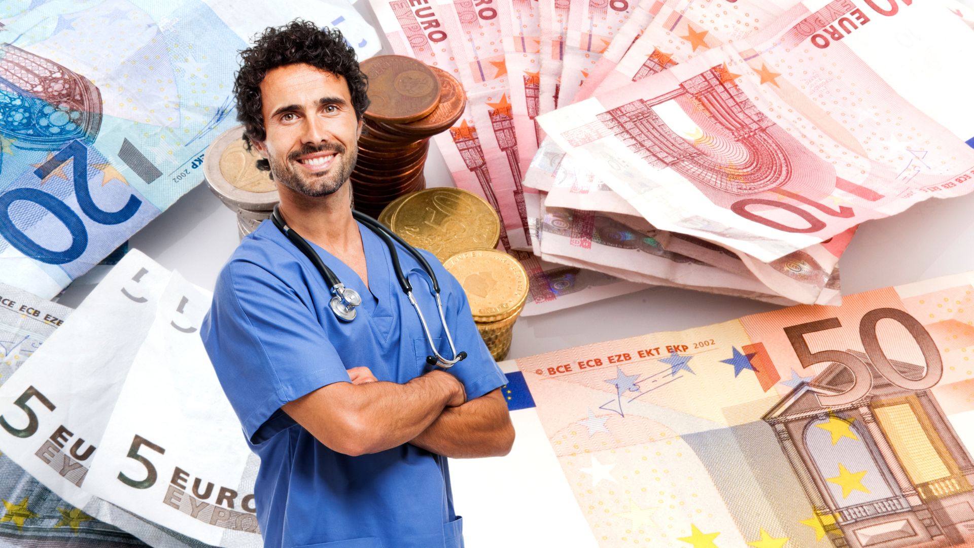 Médecin souriant avec fond d'argent et d'euros.