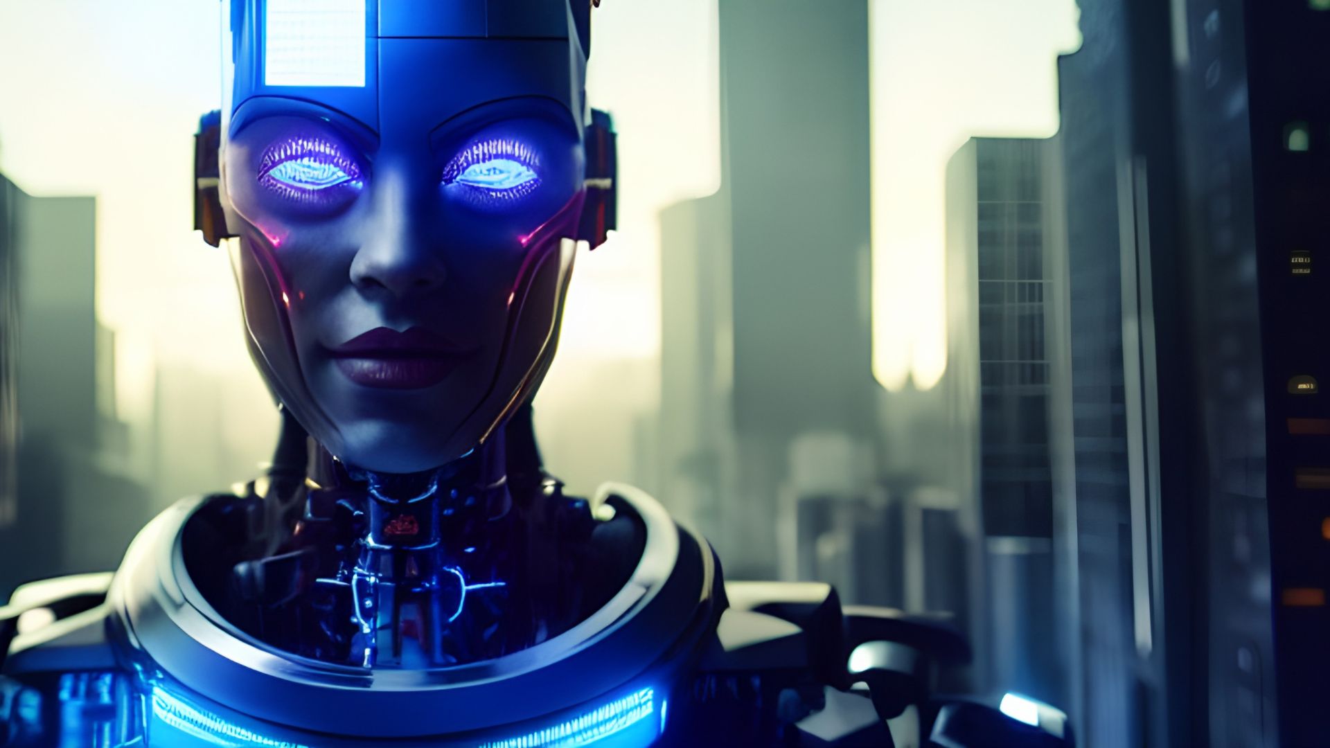 Robot féminin futuriste, ville en arrière-plan.